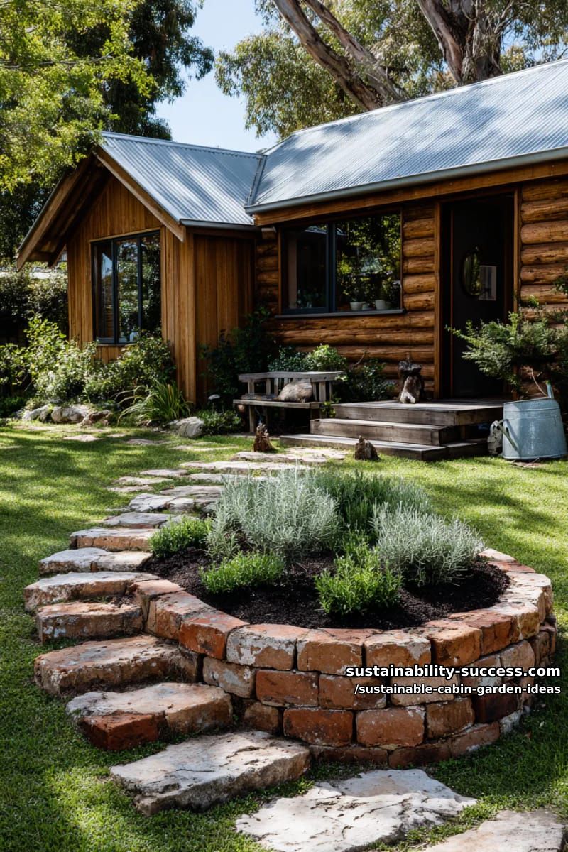 reclaimed brick spiral herb garden at the entrance to the cabin 1