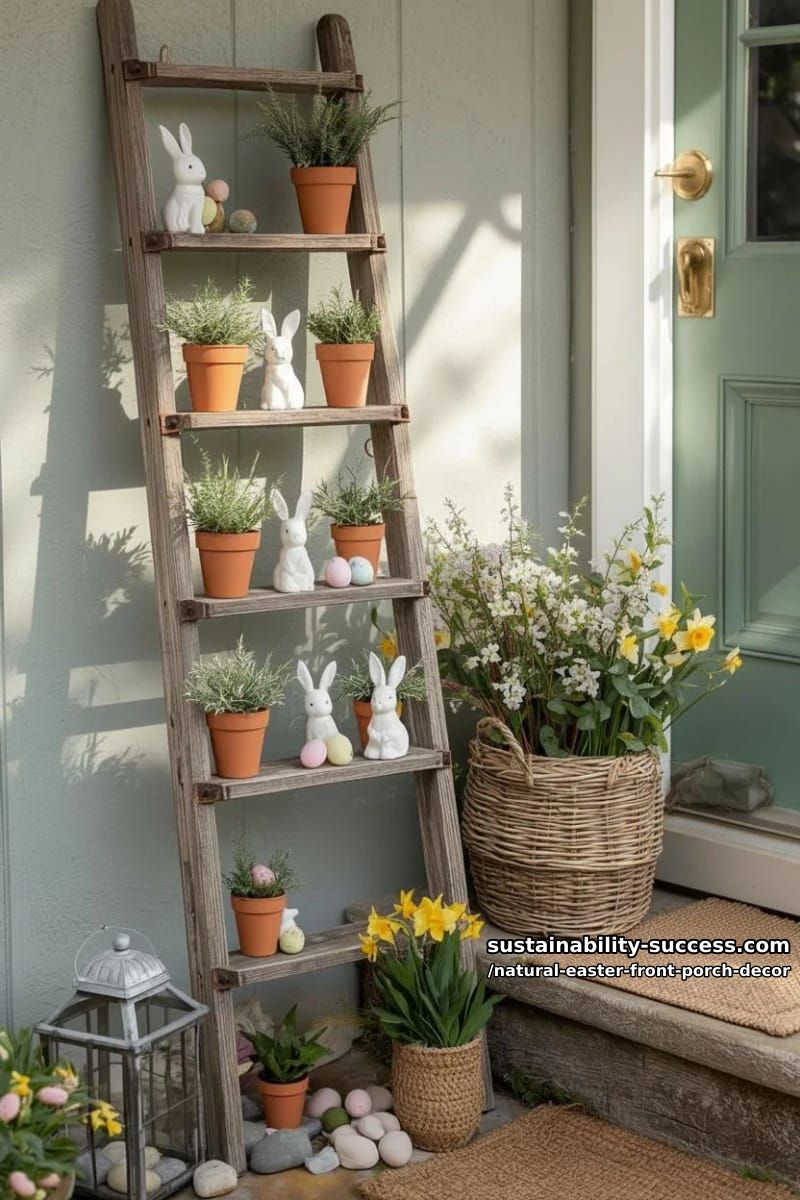 reclaimed wood ladder displaying potted herbs, bunny figurines, and raffia eggs 1