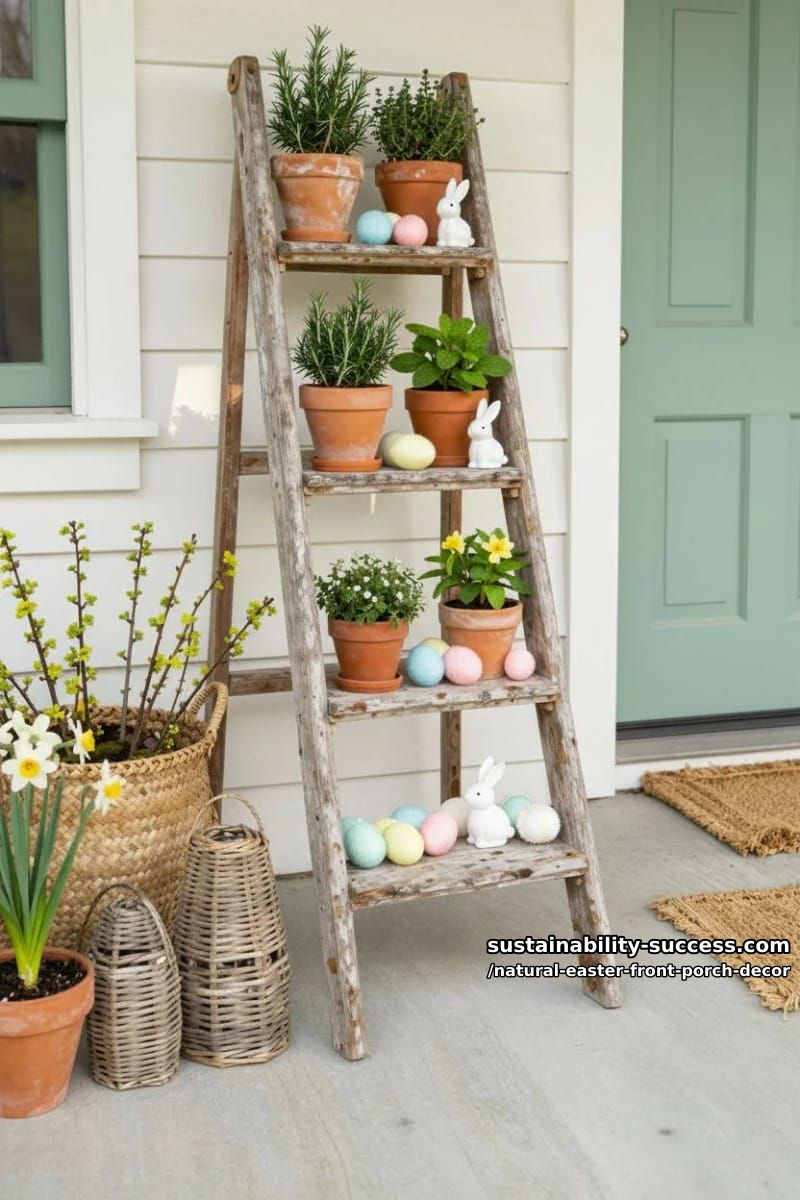 reclaimed wood ladder displaying potted herbs, bunny figurines, and raffia eggs 1
