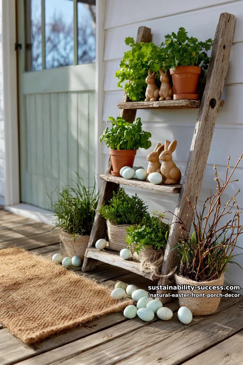 reclaimed wood ladder displaying potted herbs, bunny figurines, and raffia eggs 1