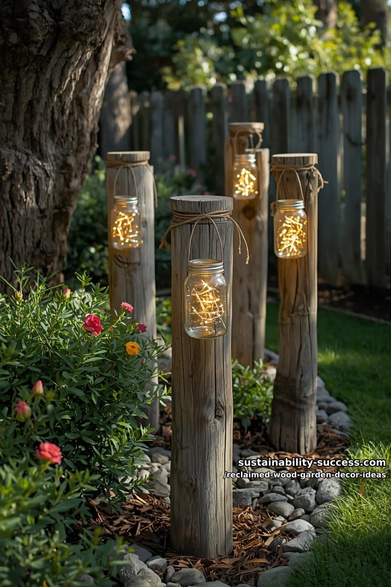 reclaimed wood lantern posts with hanging mason jar fairy lights 1