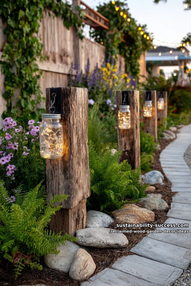 reclaimed wood lantern posts with hanging mason jar fairy lights 1