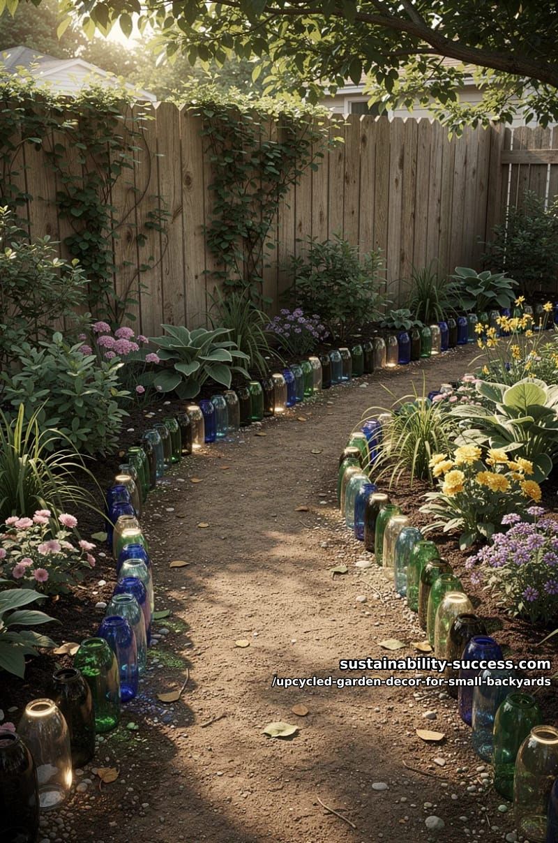 recycled glass bottle edging lining winding backyard pathways 1