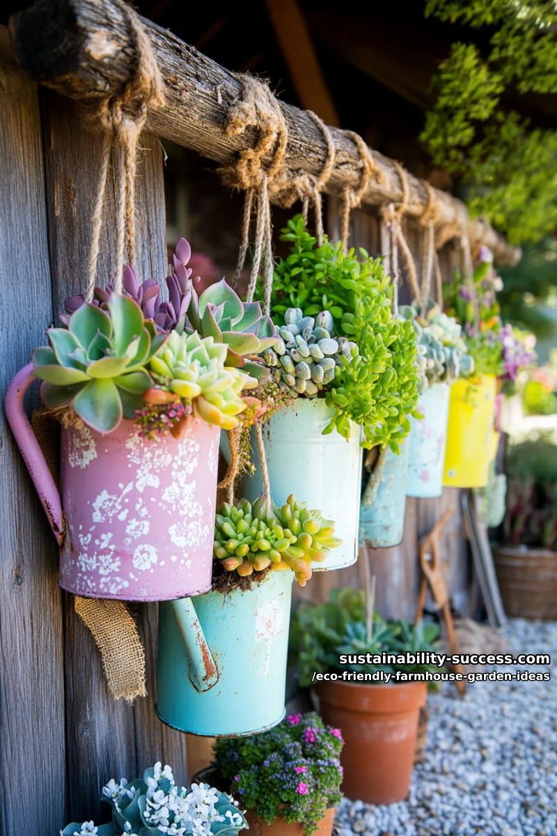 recycled tin watering cans transformed into whimsical vertical succulent gardens 1