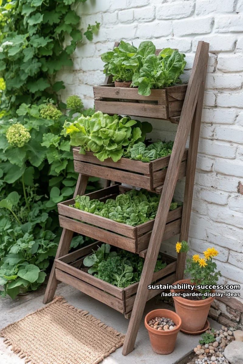repurposed barn ladder hosting stacked wooden crates with leafy greens 1