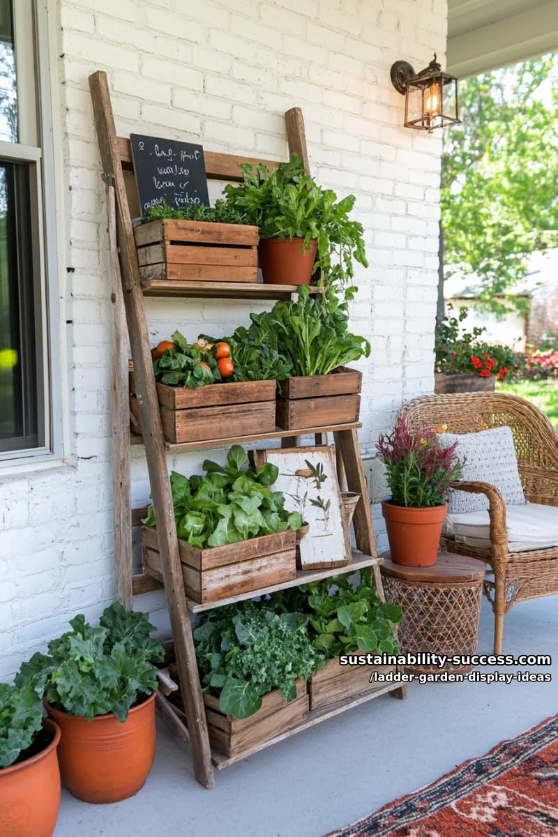 repurposed barn ladder hosting stacked wooden crates with leafy greens 1