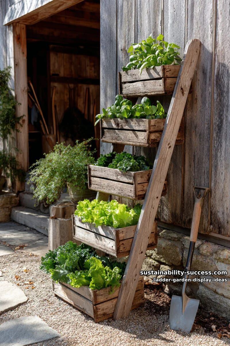 repurposed barn ladder hosting stacked wooden crates with leafy greens 1