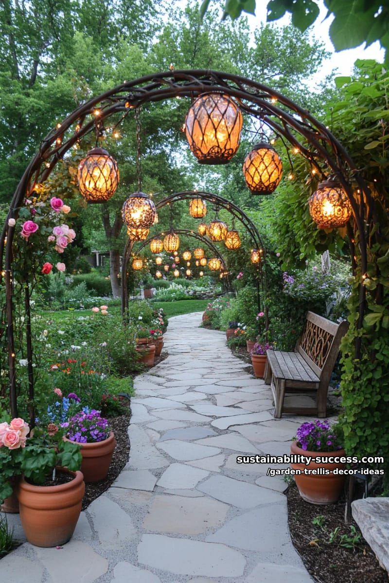 repurposed cattle panel trellis with intertwined hanging lanterns 1