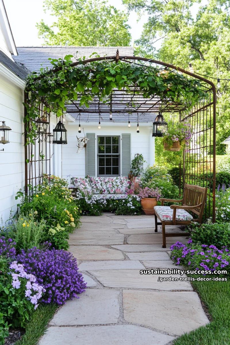 repurposed cattle panel trellis with intertwined hanging lanterns 1