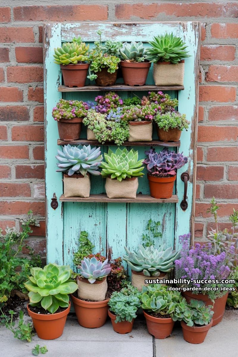 repurposed door as a mini succulent wall with pocket planters 1