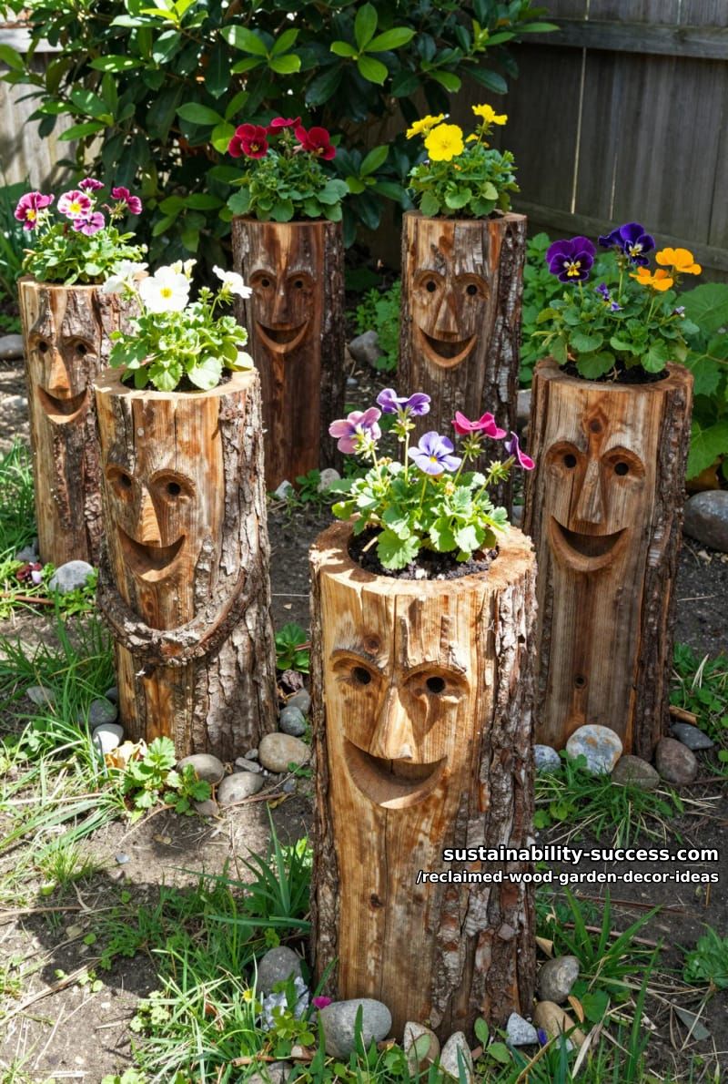 repurposed log flower planters with hand-carved smiling faces 1