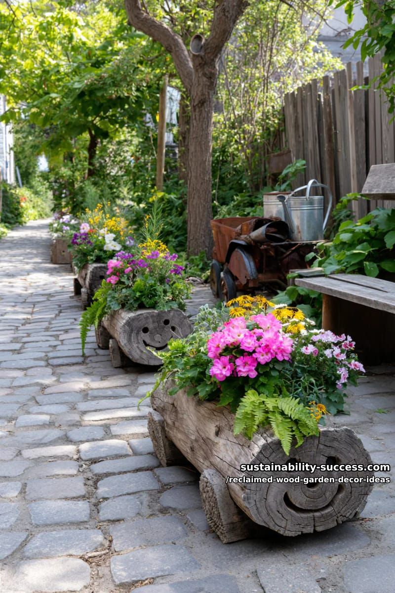repurposed log flower planters with hand-carved smiling faces 1