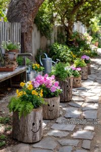 repurposed log flower planters with hand-carved smiling faces 23