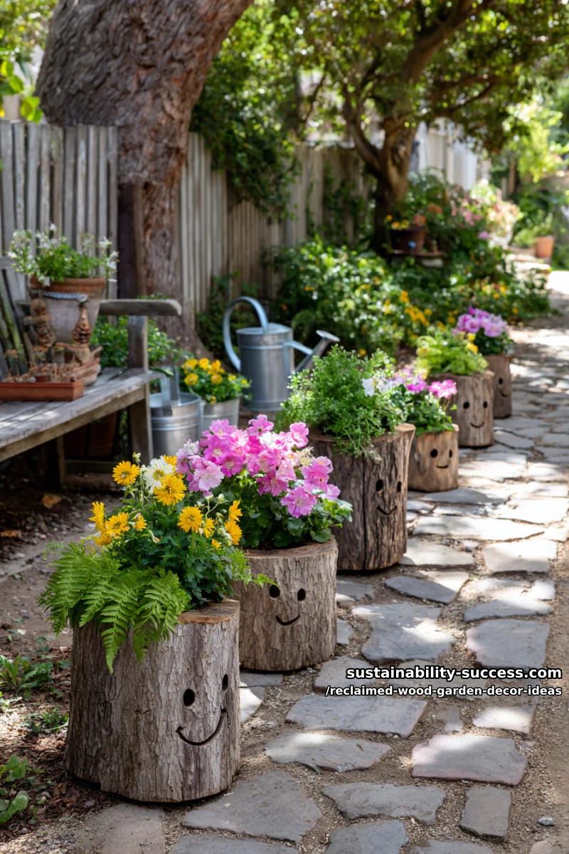 repurposed log flower planters with hand-carved smiling faces 23