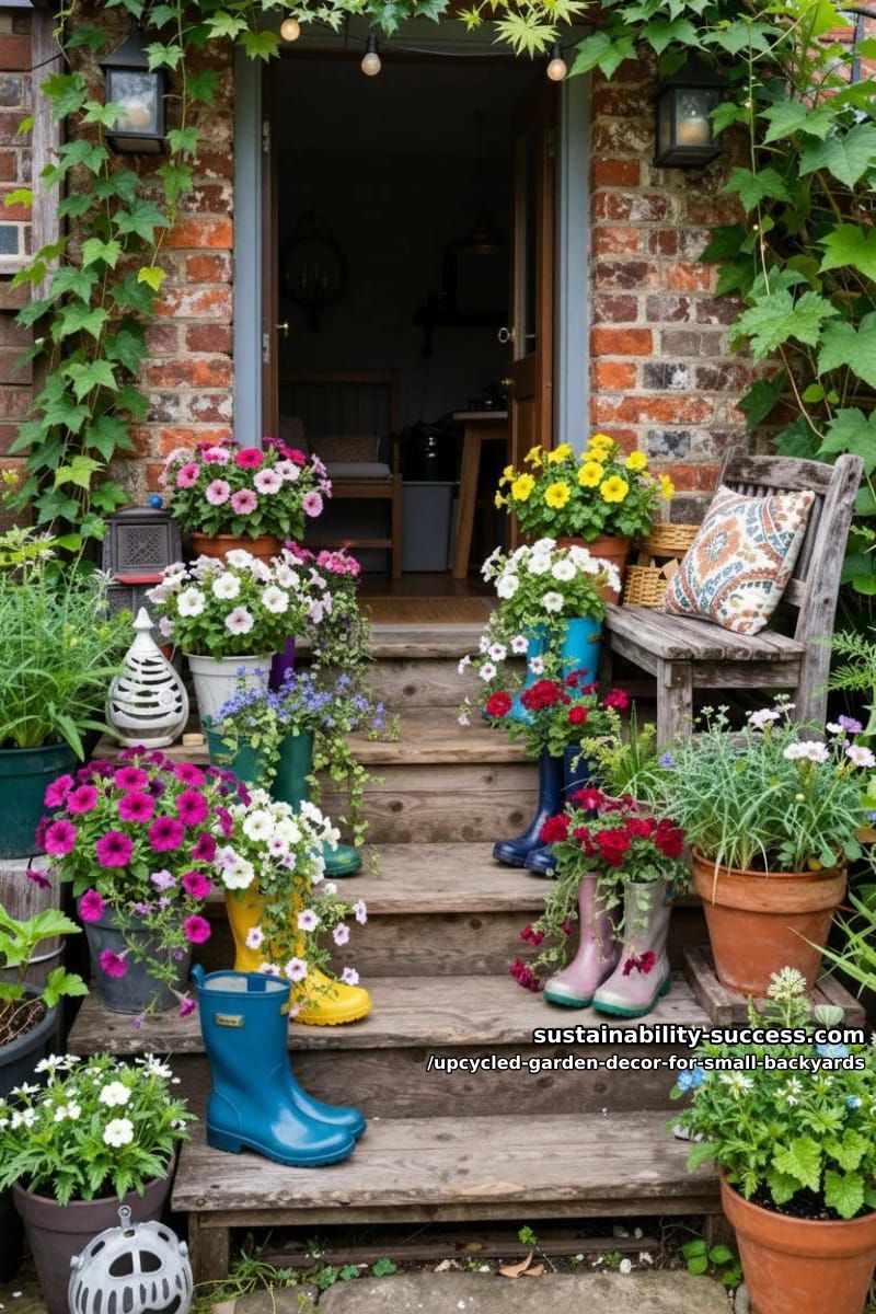 repurposed rain boots filled with trailing flowers by the entrance 1