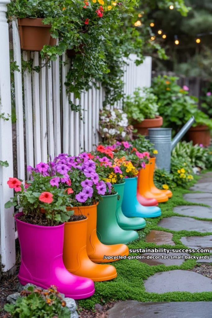repurposed rain boots filled with trailing flowers by the entrance 21