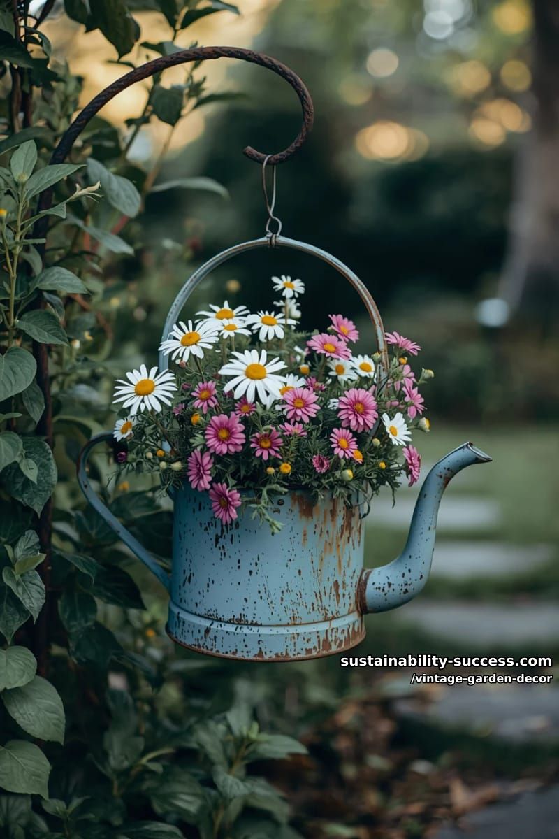 repurposed rusty teapot planter filled with wildflowers and greenery outdoors. 1