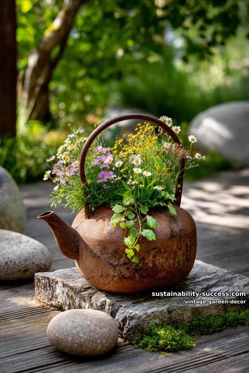 repurposed rusty teapot planter filled with wildflowers and greenery outdoors. 1