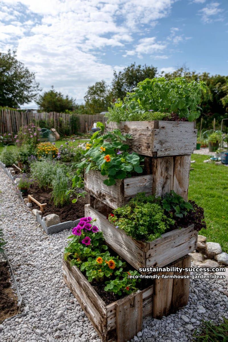repurposed wooden crate herb towers overflowing with edible flowers and greens 1