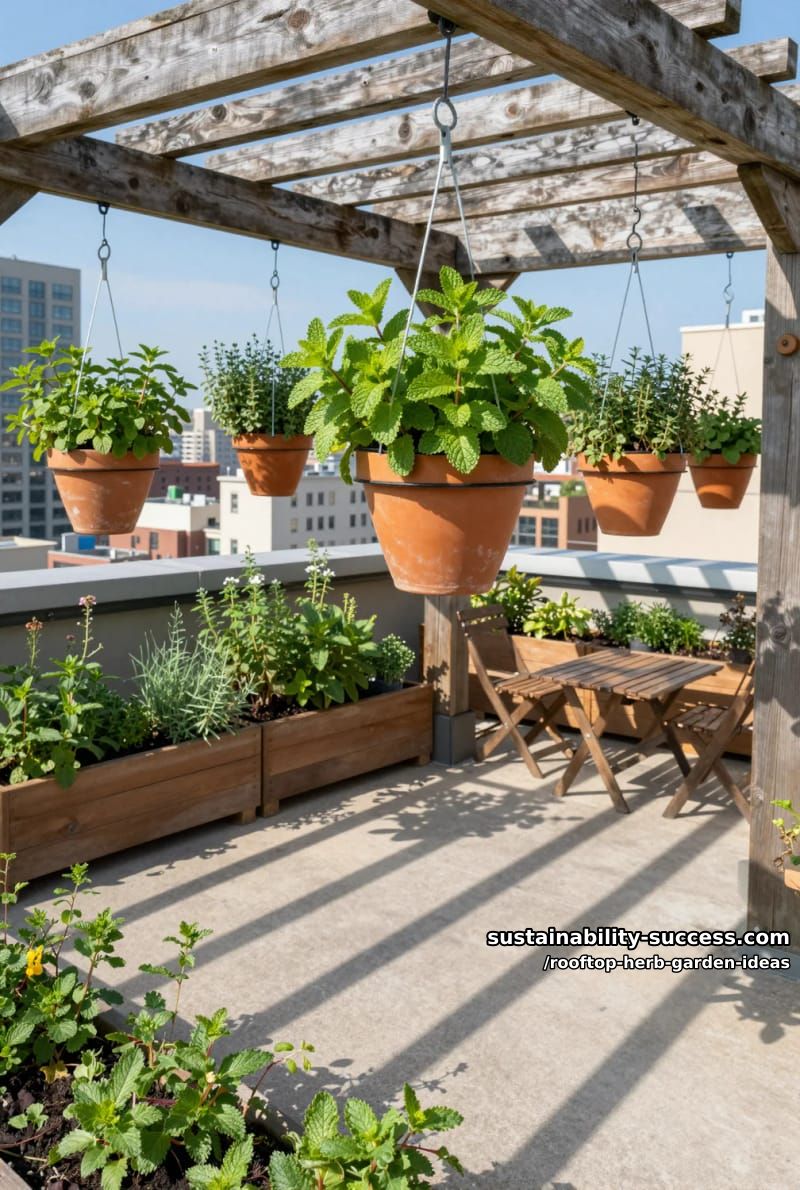 rooftop pergola with hanging pots of mint, thyme, and oregano 1