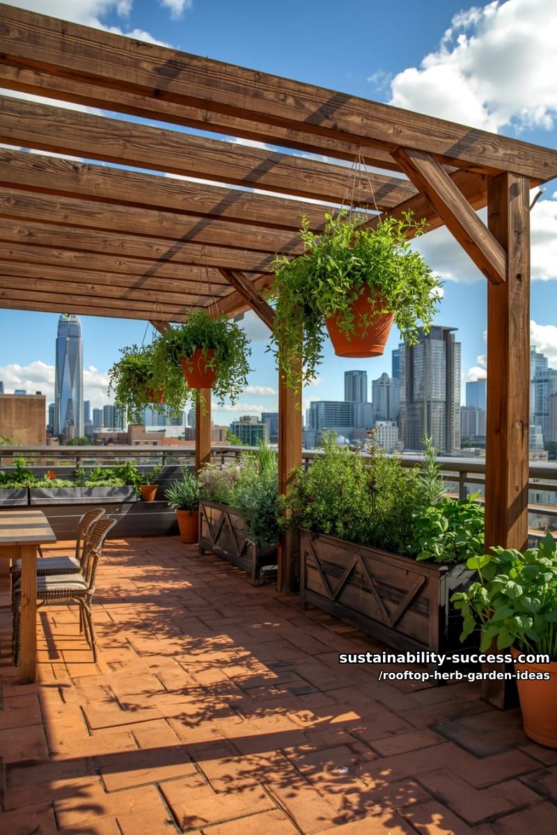 rooftop pergola with hanging pots of mint, thyme, and oregano 1