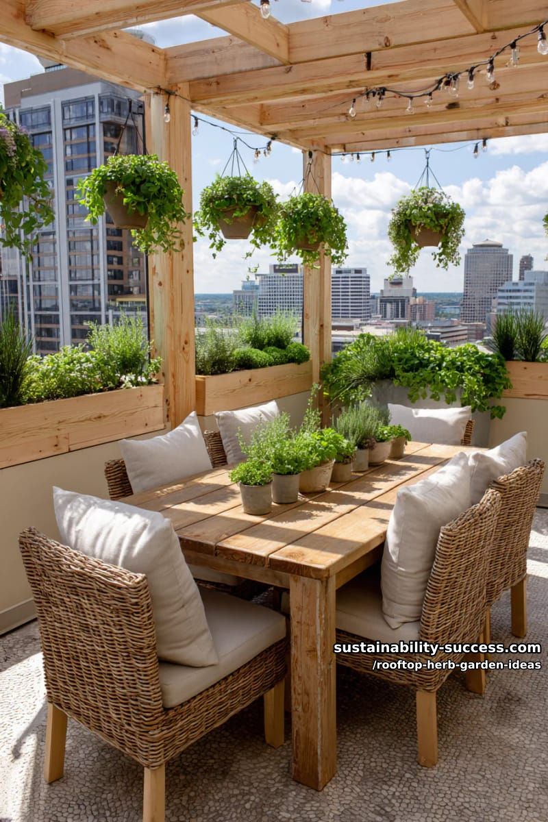 rooftop pergola with hanging pots of mint, thyme, and oregano 1