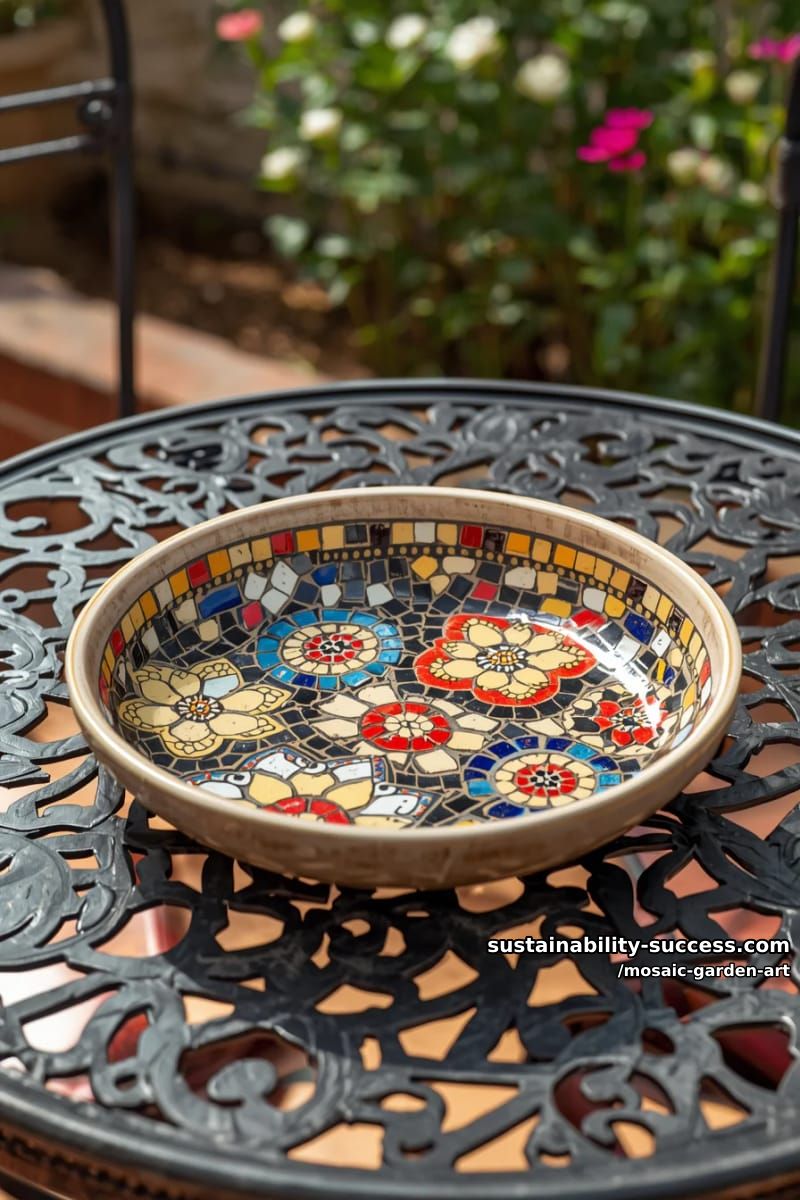 round ceramic dish with vibrant geometric and floral mosaic pattern 1