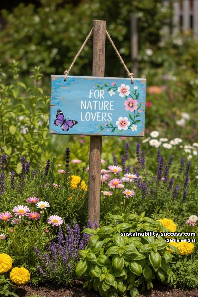 rustic blue wooden sign with painted flowers and butterfly hanging by twine 1