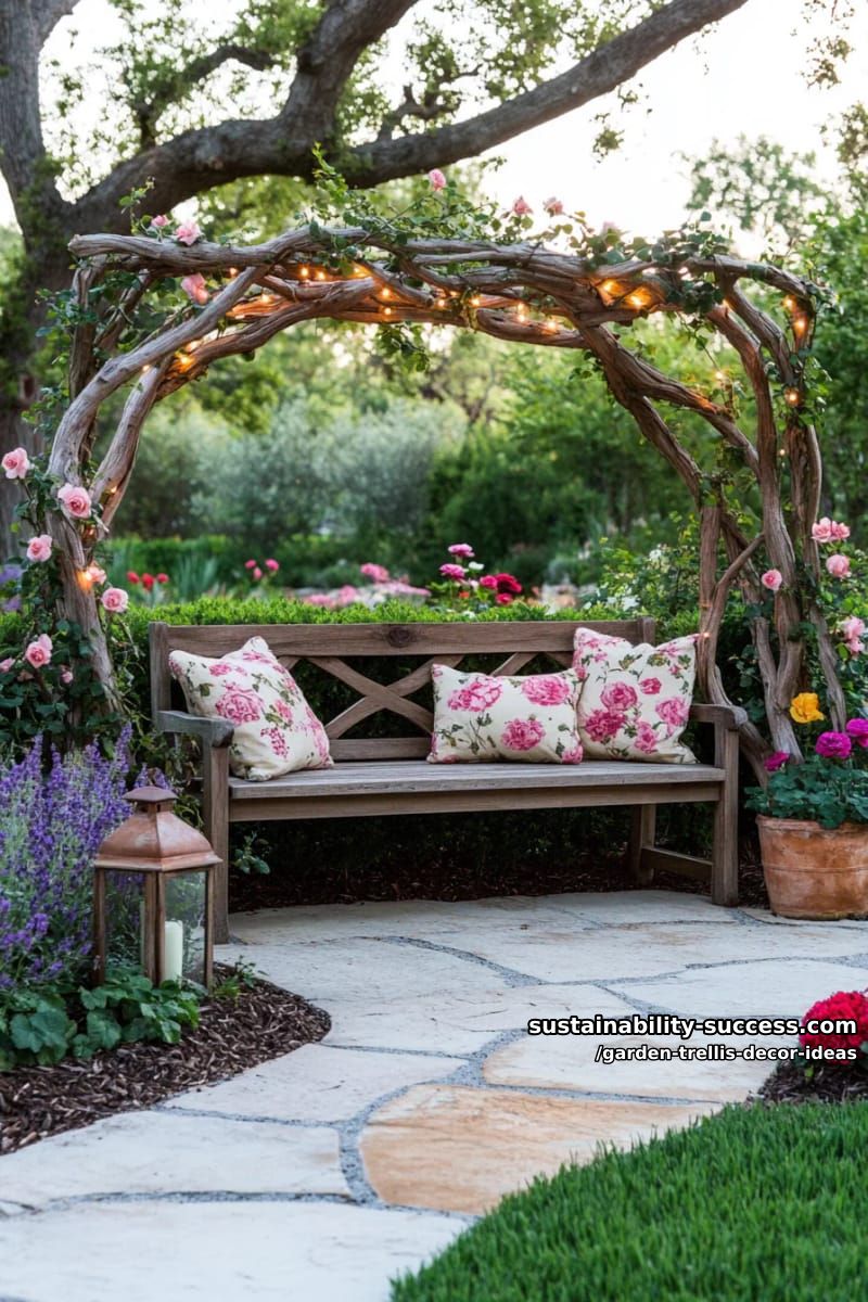 rustic branch lattice trellis with climbing roses and fairy lights 1