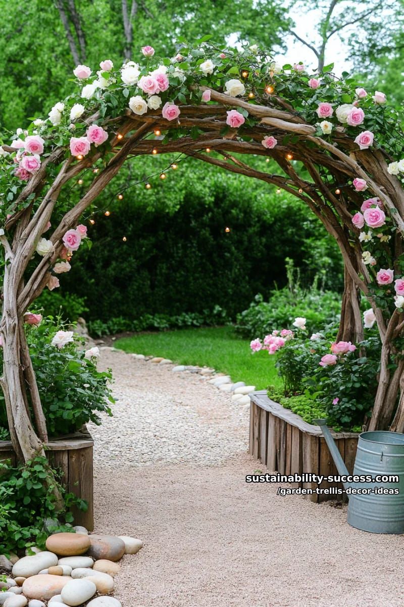 rustic branch lattice trellis with climbing roses and fairy lights 1