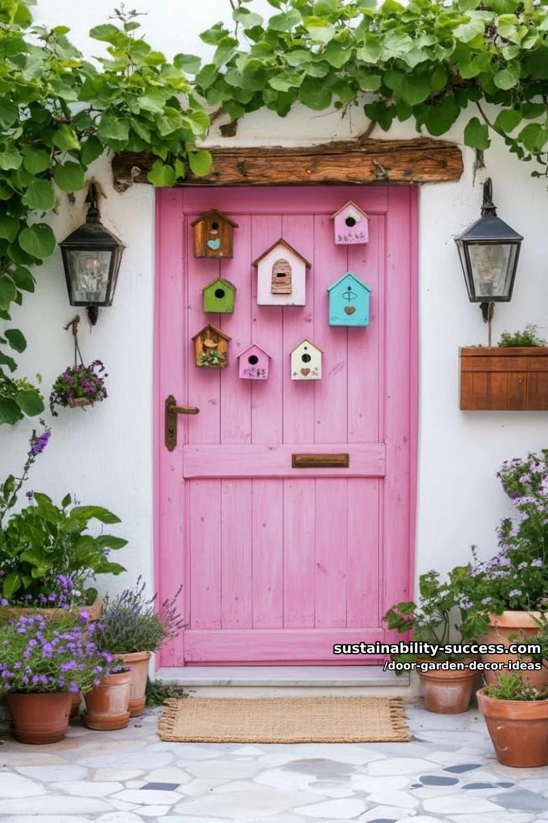 rustic door with mounted birdhouses creating an inviting wildlife haven 1