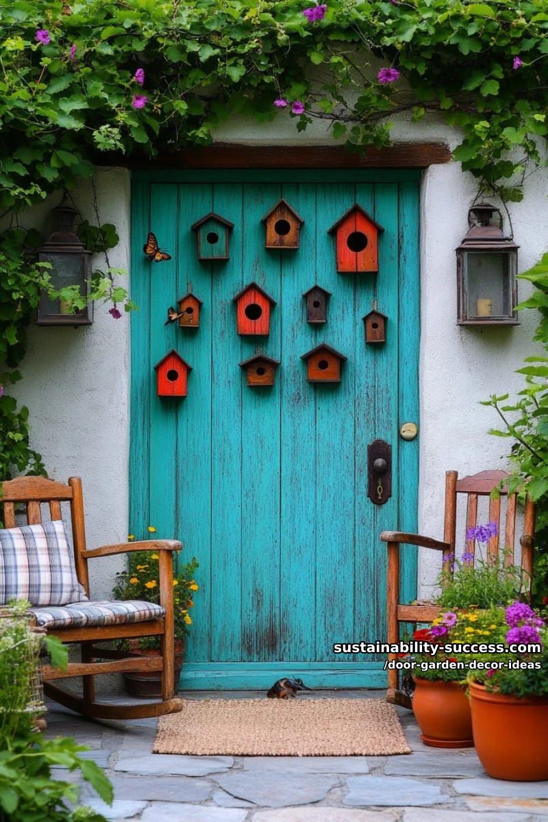 rustic door with mounted birdhouses creating an inviting wildlife haven 1