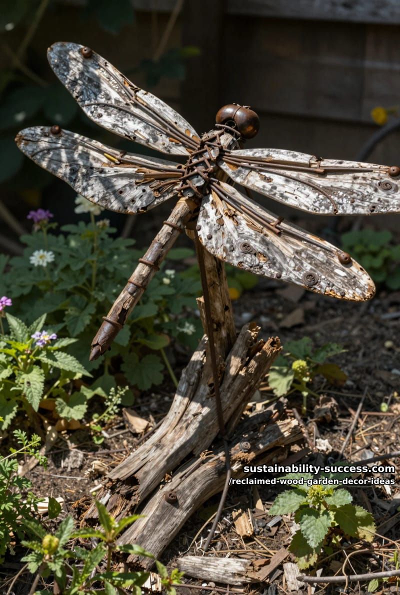 rustic dragonfly garden sculpture crafted from driftwood and metal accents 1
