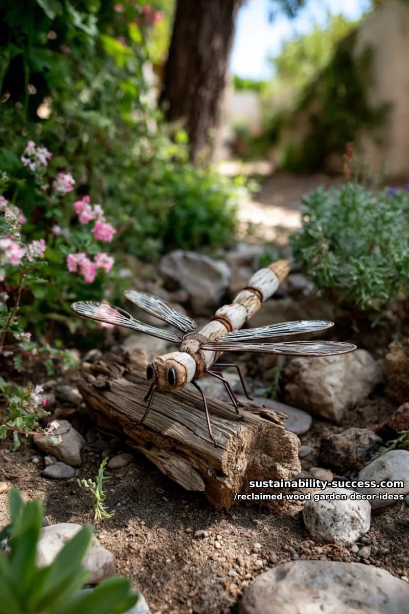 rustic dragonfly garden sculpture crafted from driftwood and metal accents 1