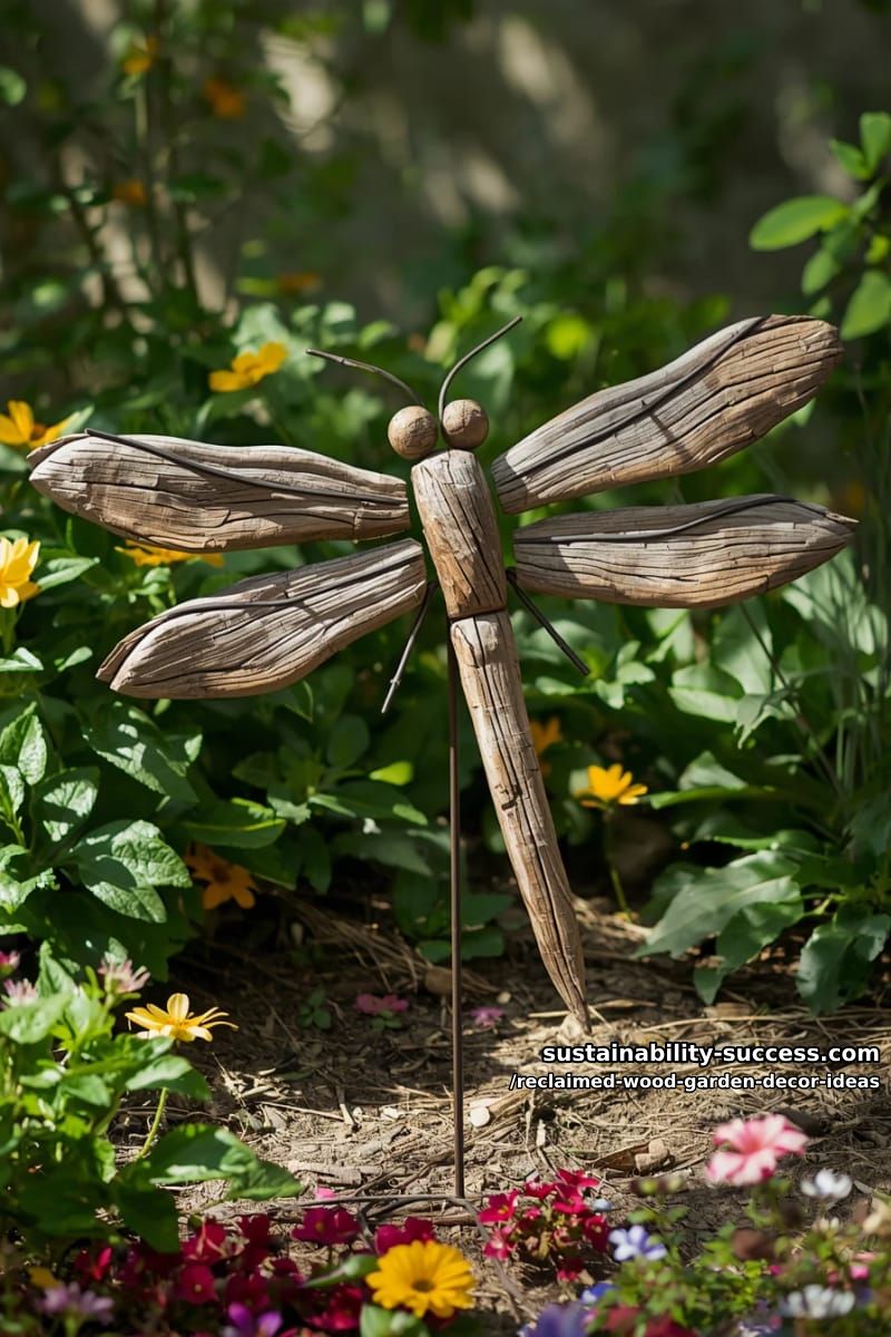 rustic dragonfly garden sculpture crafted from driftwood and metal accents 1