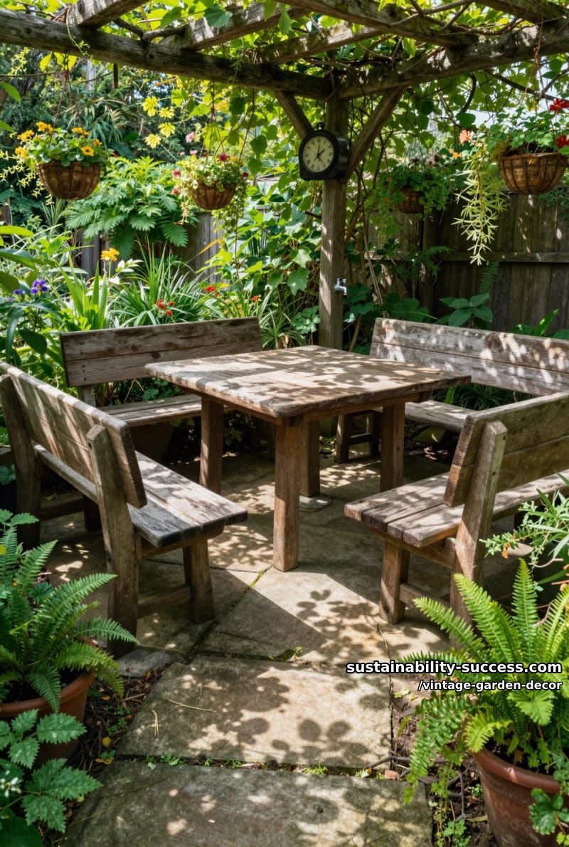 rustic garden seating with wooden benches, table, vines, and lush foliage. 1