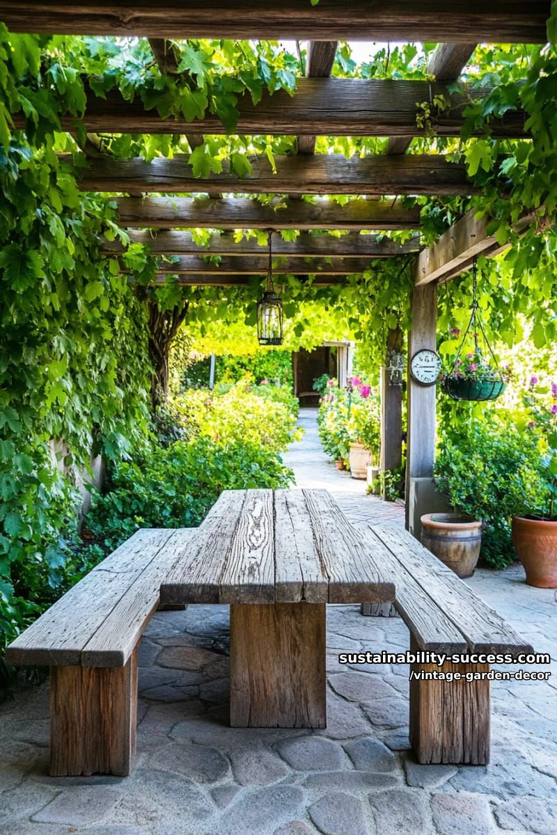 rustic garden seating with wooden benches, table, vines, and lush foliage. 1
