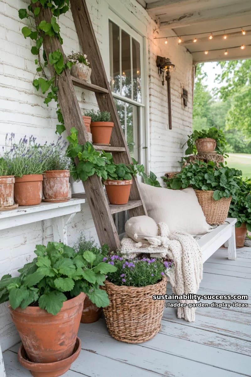 rustic ladder filled with terracotta pots and trailing ivy accents 1