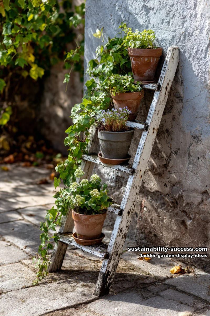 rustic ladder filled with terracotta pots and trailing ivy accents 1