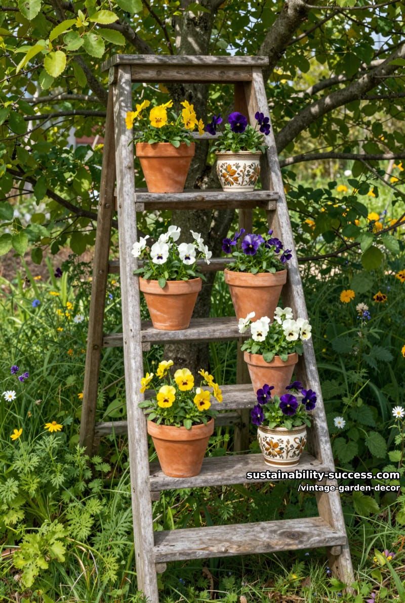 rustic ladder plant stand with pots of colorful flowers in a garden. 1
