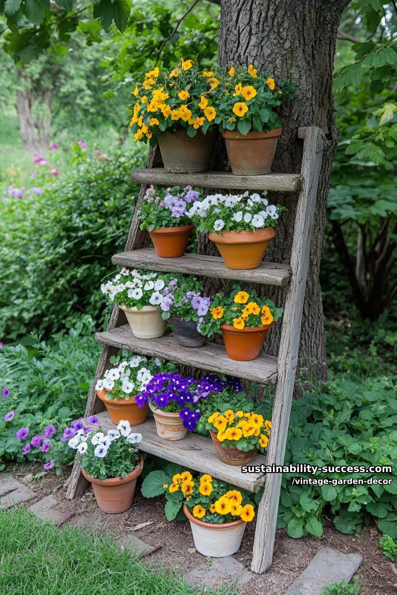 rustic ladder plant stand with pots of colorful flowers in a garden. 1