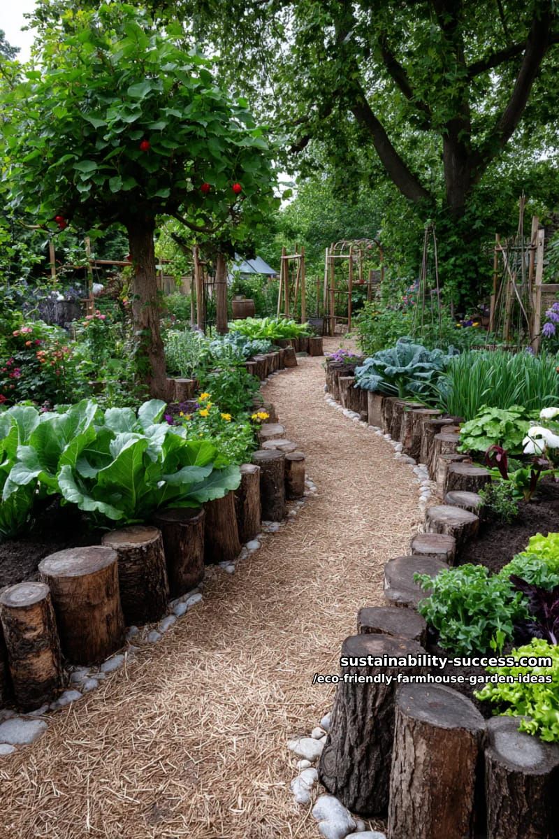 rustic log-edged vegetable beds winding through a cottage-style garden path 1
