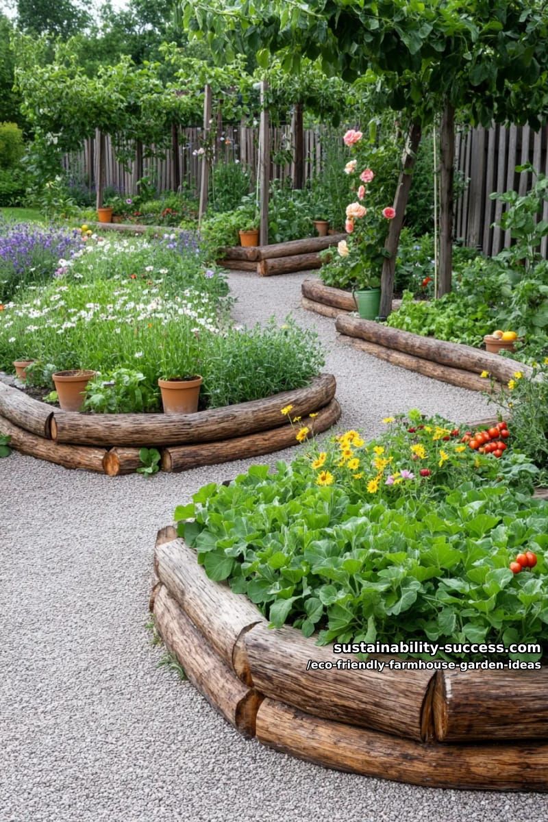 rustic log-edged vegetable beds winding through a cottage-style garden path 1