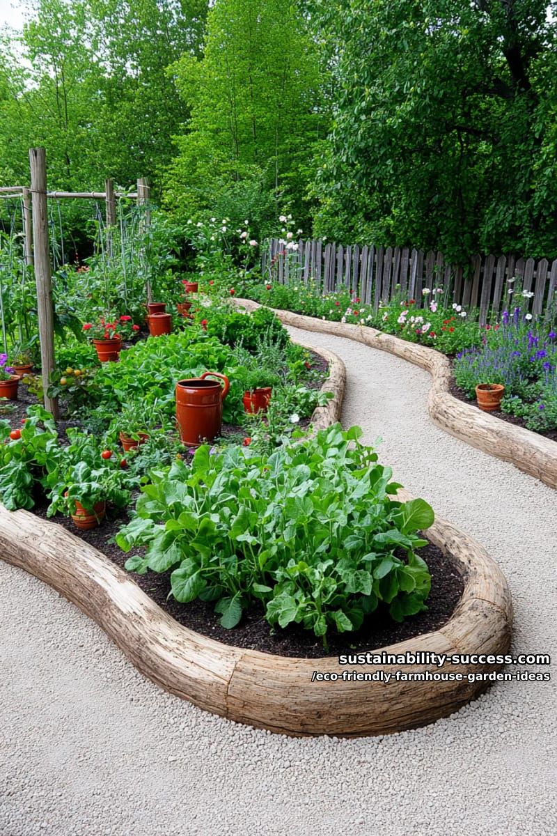 rustic log-edged vegetable beds winding through a cottage-style garden path 1