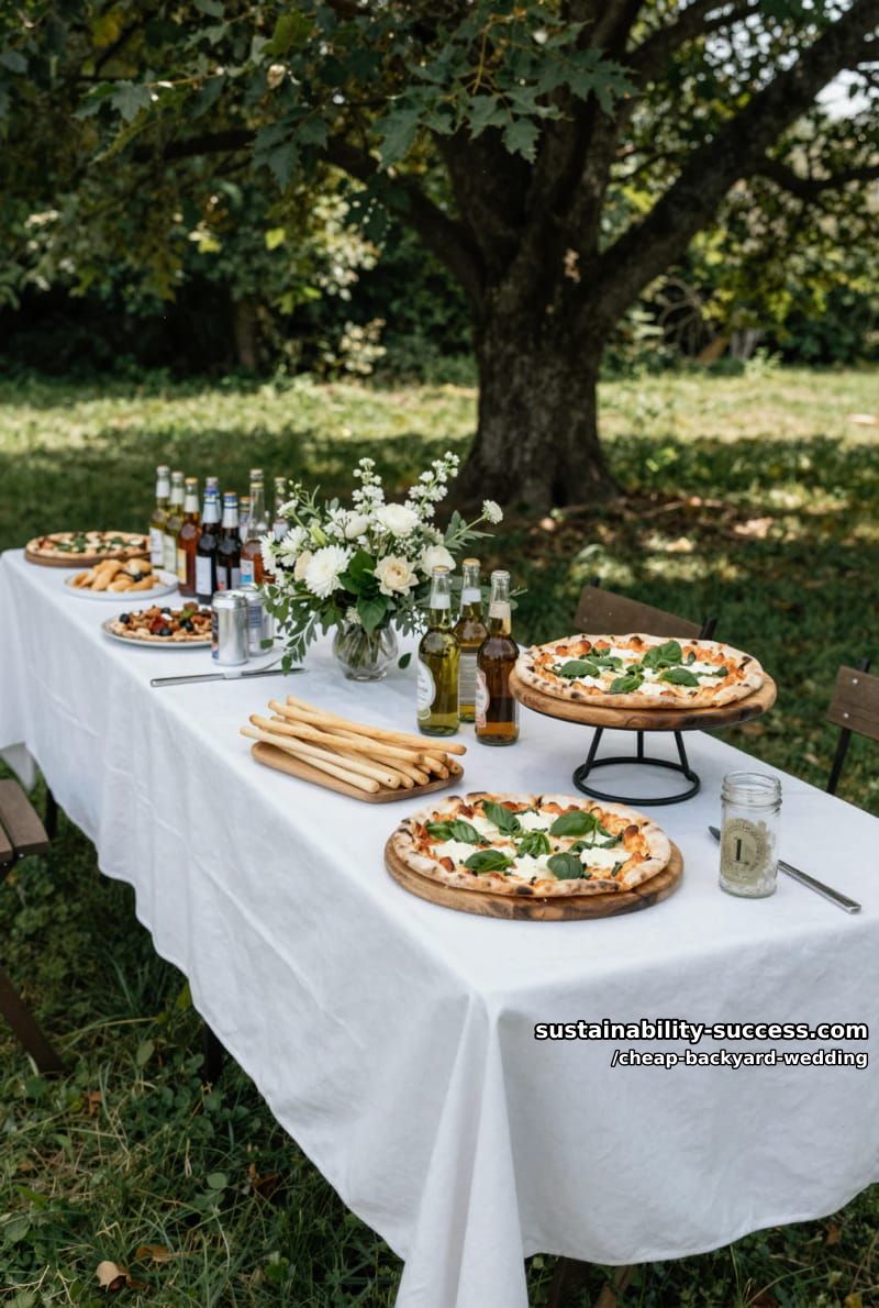 rustic outdoor pizza reception table with floral arrangements in garden 1