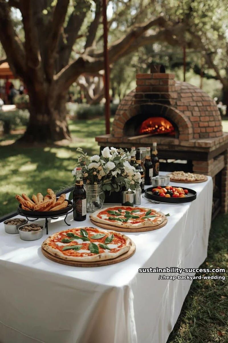 rustic outdoor pizza reception table with floral arrangements in garden 1