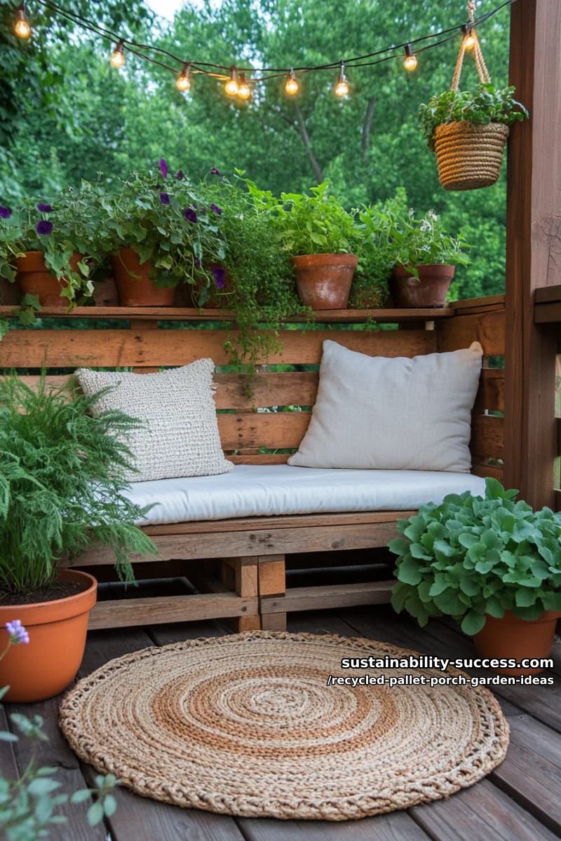 rustic pallet privacy nook featuring built-in seating and lush container plants 1