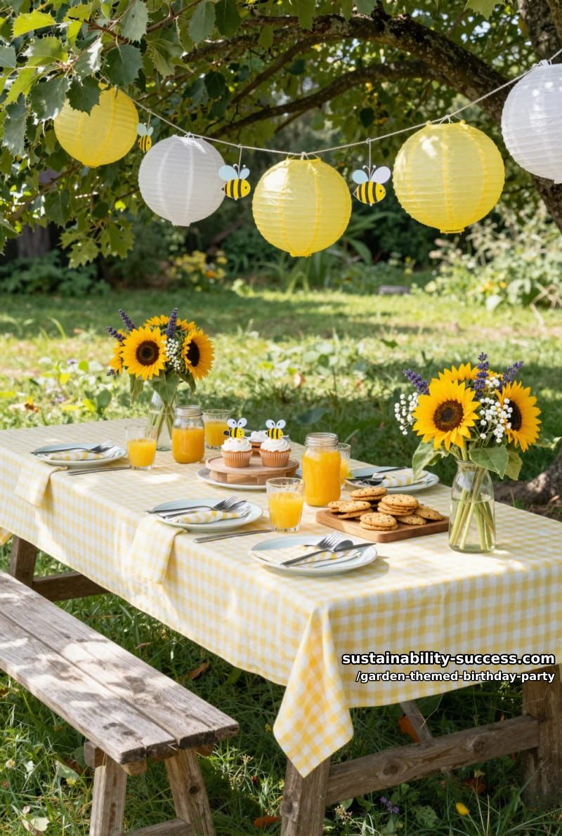 rustic picnic table with bee-themed decorations and sunflower centerpieces. 1