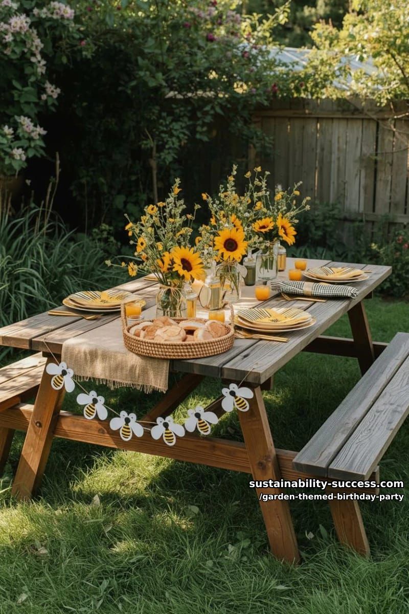 rustic picnic table with bee-themed decorations and sunflower centerpieces. 1