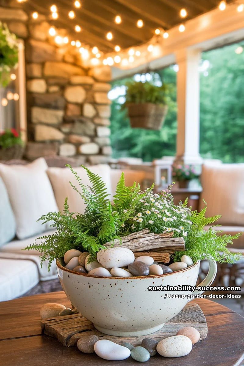 rustic teacup filled with pebbles, ferns, and driftwood accents 1